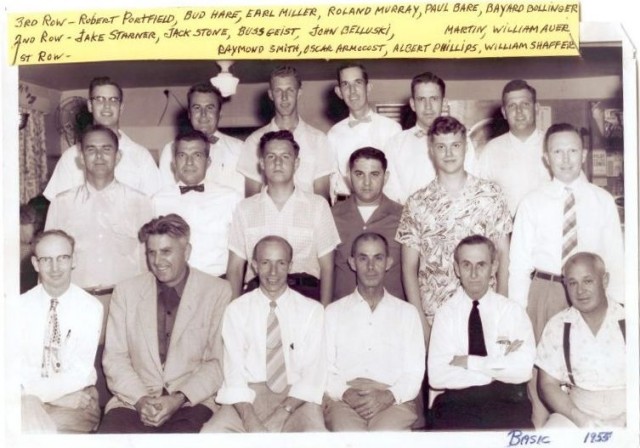 1955 Basic Firefighting Class
Row 1; Herb Corbin, Bob Byrus (Head of UM Extension service), Ray Smith, Oscar Armacost, Albert Phillips, William Shaffer, Row 2; Jake Starner, Jack Stone, Buss Geist, John Bellusci, Arnold Martin, William Auer, Row 3; Robert Porterfield, Herman Hare, Earl Miller, Roland Murray, Paul Bare, Bayard Bollinger  