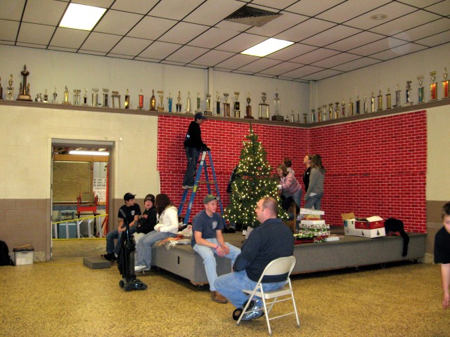 Setting up for Breakfast with Santa, 2007
