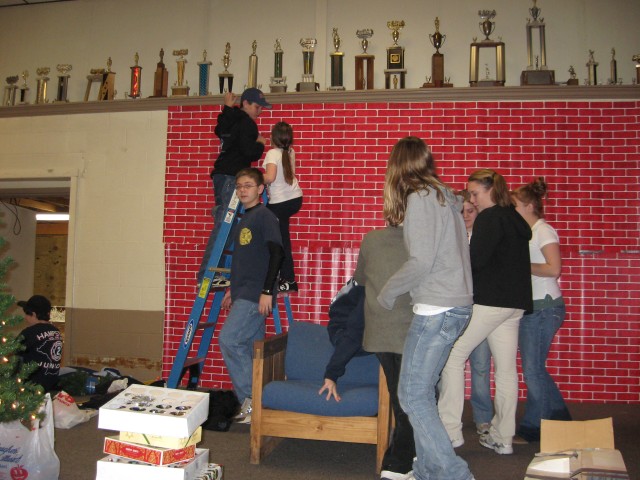 Setting up for Breakfast with Santa, 2007