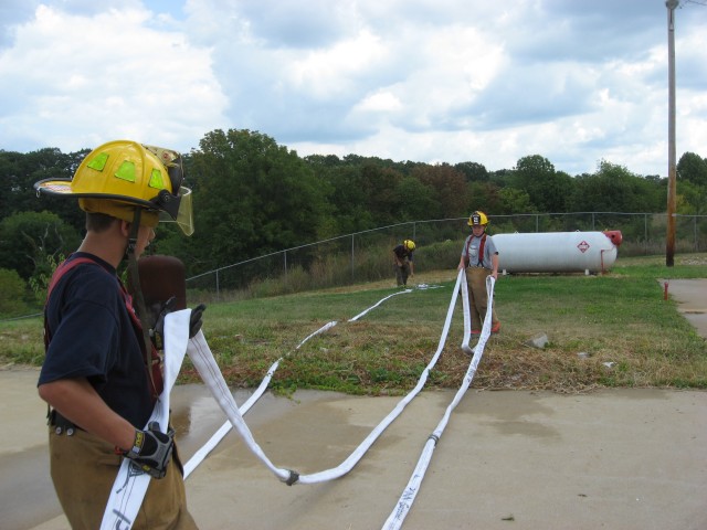 Hoseline training, 8-24-2008.  Setting up for attack line evolutions.