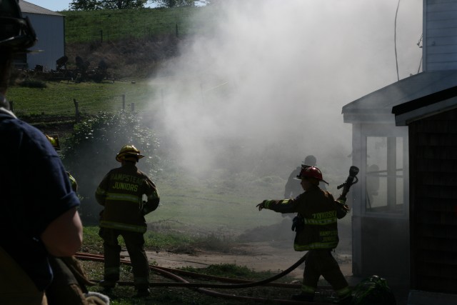 Westminster House Burn Training, 10-19-2008.  Retrieving hose line.